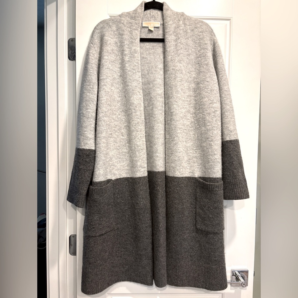 Michael Kors Long Two Tone Duster‎ Cardigan Sweater Womens Large Patch Pockets